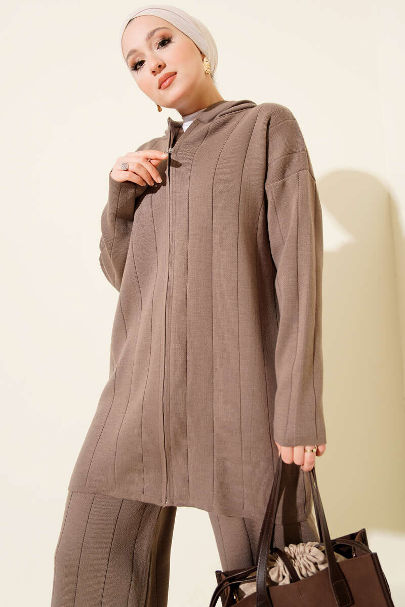 Kapüşonlu Fermuarlı Triko İkili Takım vizon