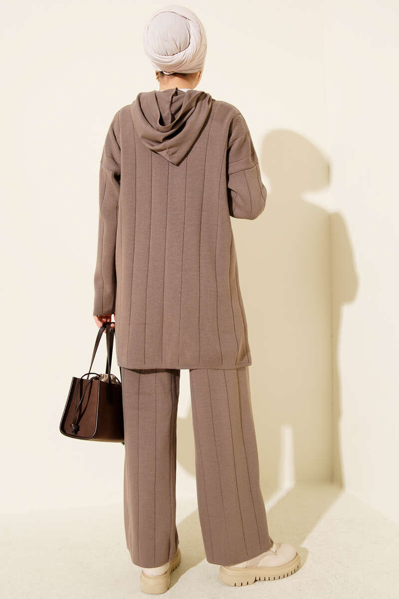 Kapüşonlu Fermuarlı Triko İkili Takım vizon