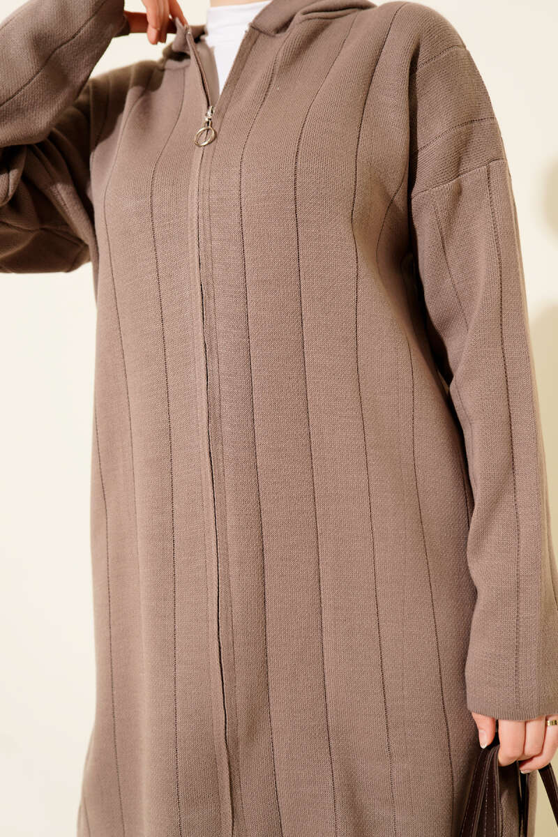 Kapüşonlu Fermuarlı Triko İkili Takım vizon