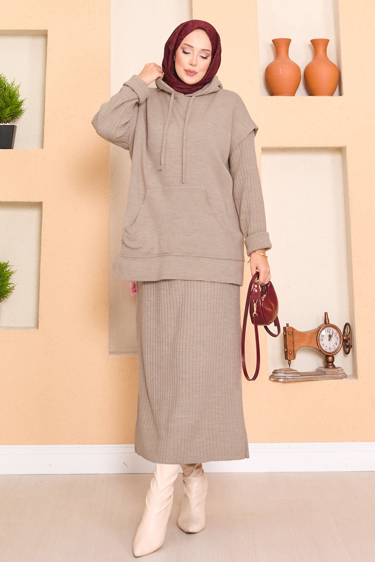Two-Piece Dress Set with Hooded Sweater Detail mink