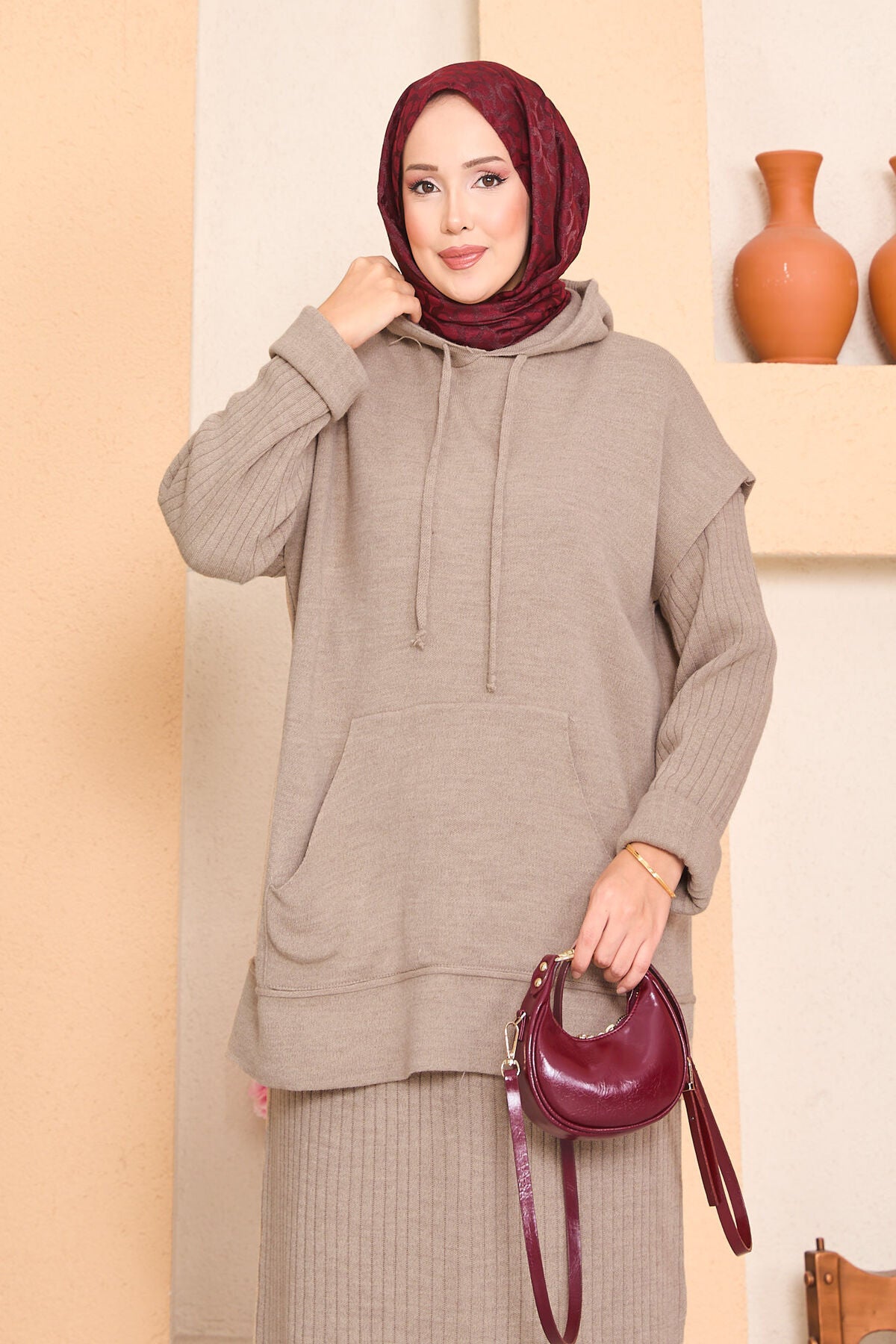 Two-Piece Dress Set with Hooded Sweater Detail mink