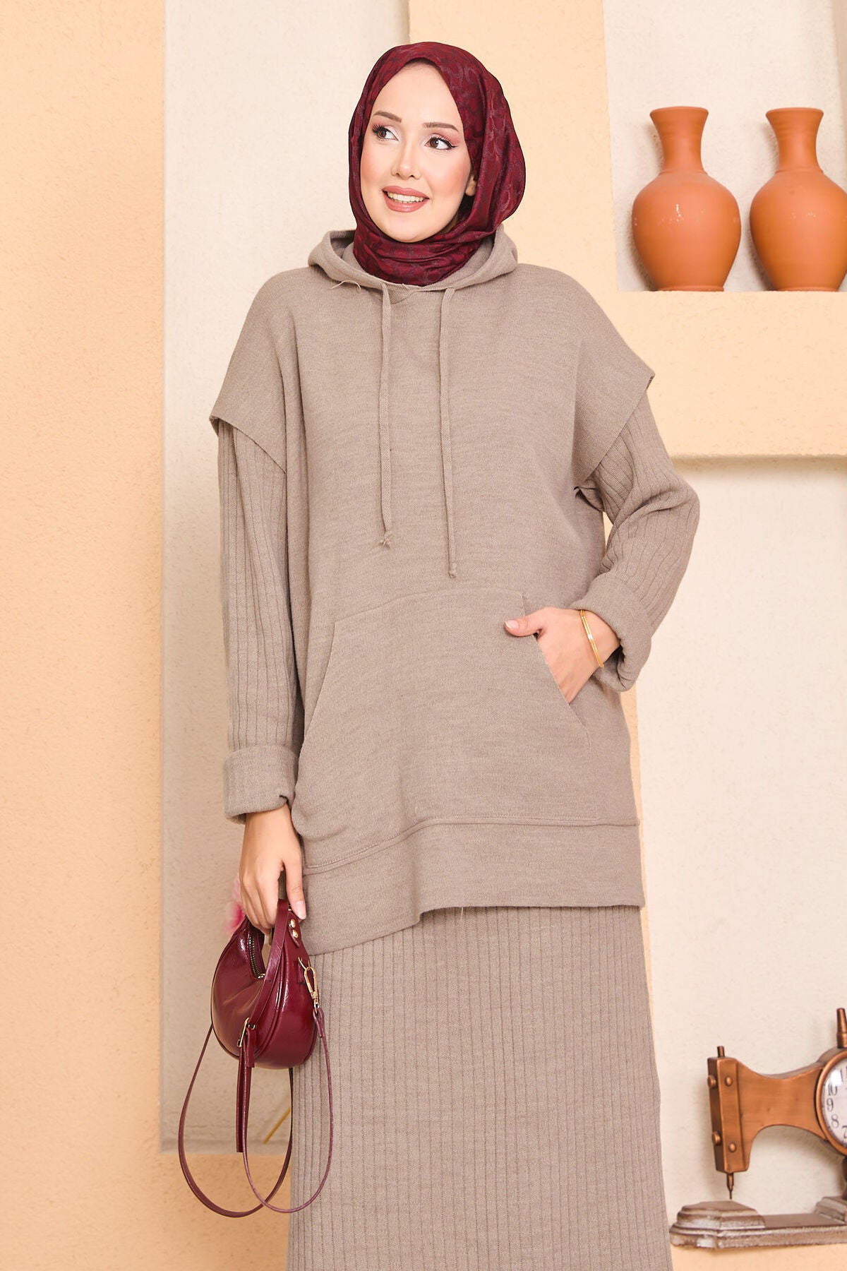Two-Piece Dress Set with Hooded Sweater Detail mink