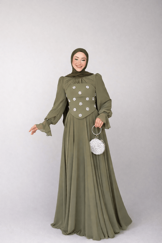 Taş detaylı Abiye Haki