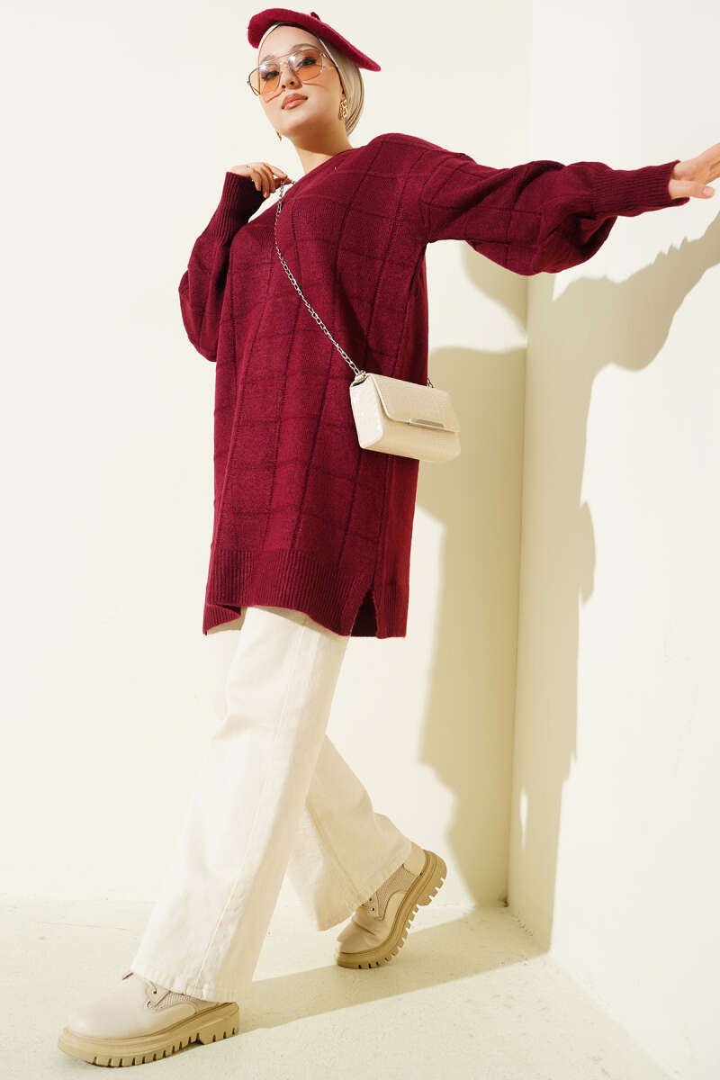 Kare Desenli Yumoş Triko Tunik bordo