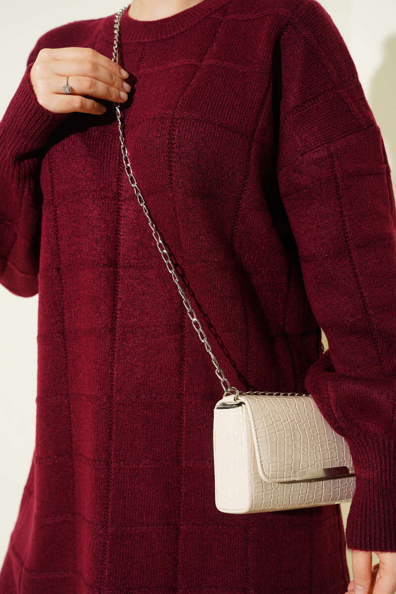 Kare Desenli Yumoş Triko Tunik bordo