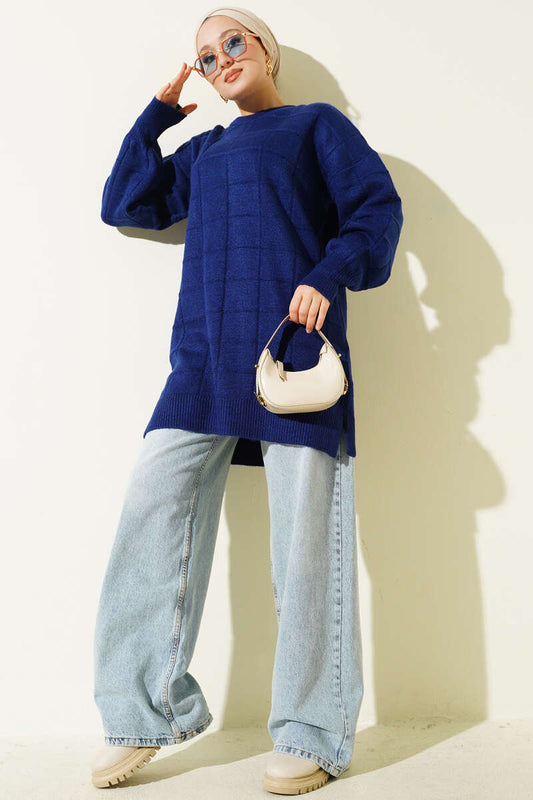 Kare Desenli Yumoş Triko Tunik Lacivert