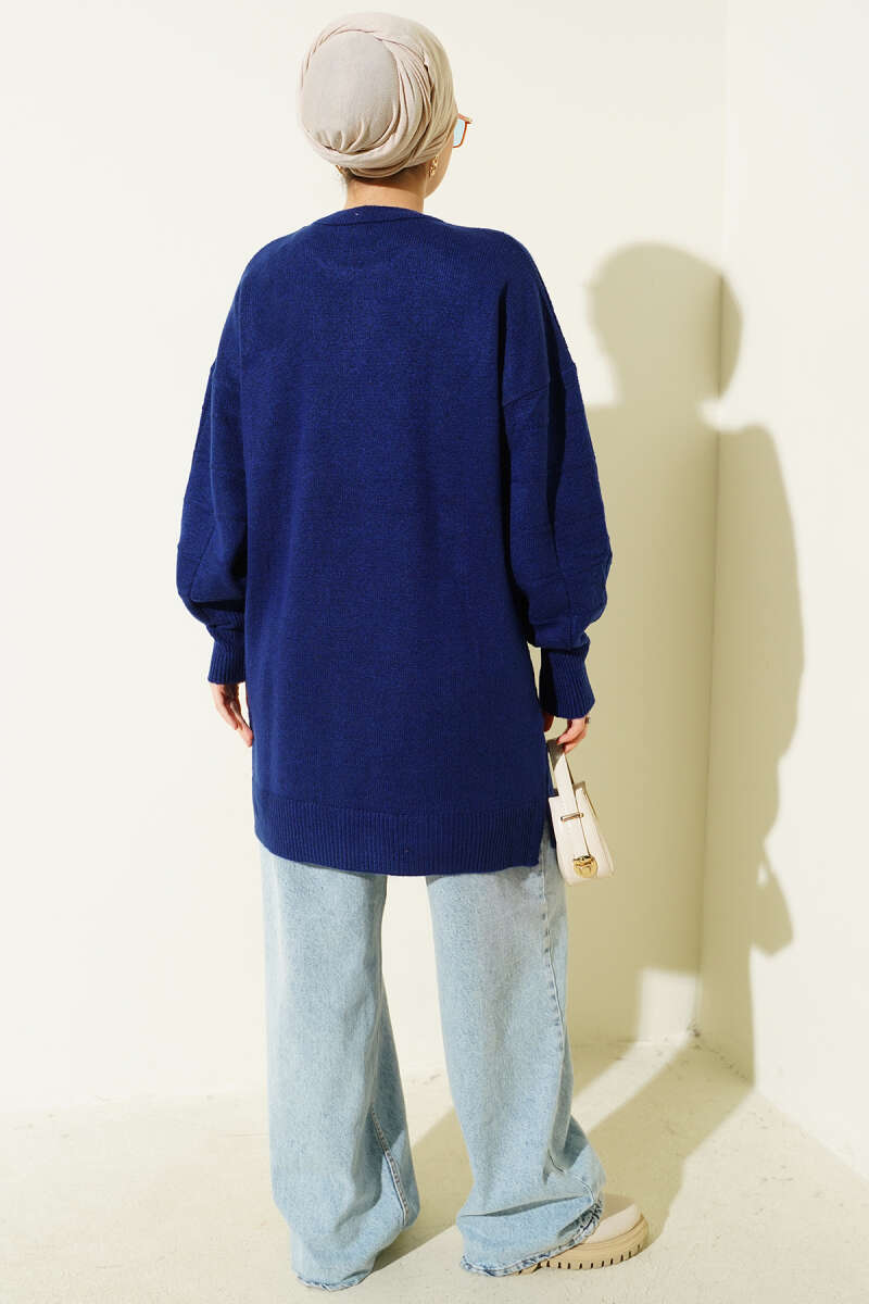 Kare Desenli Yumoş Triko Tunik Lacivert