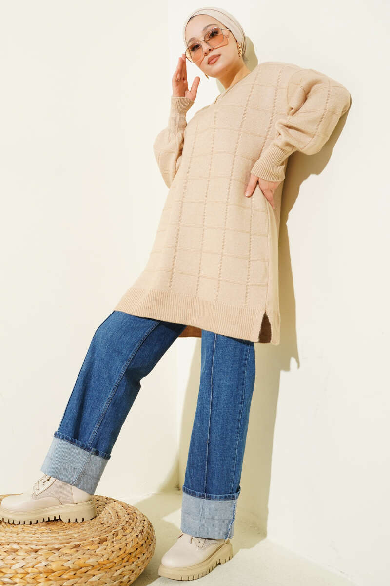 Kare Desenli Yumoş Triko Tunik latte