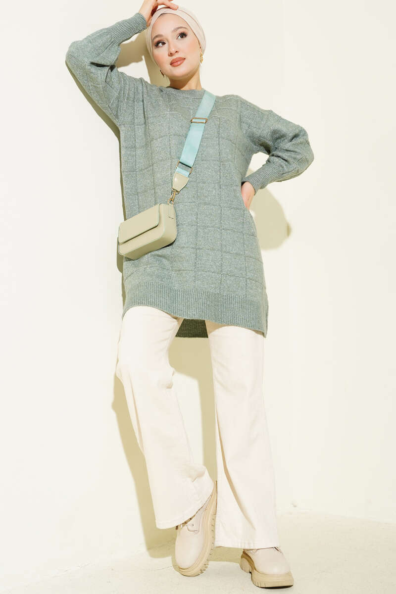 Kare Desenli Yumoş Triko Tunik mint