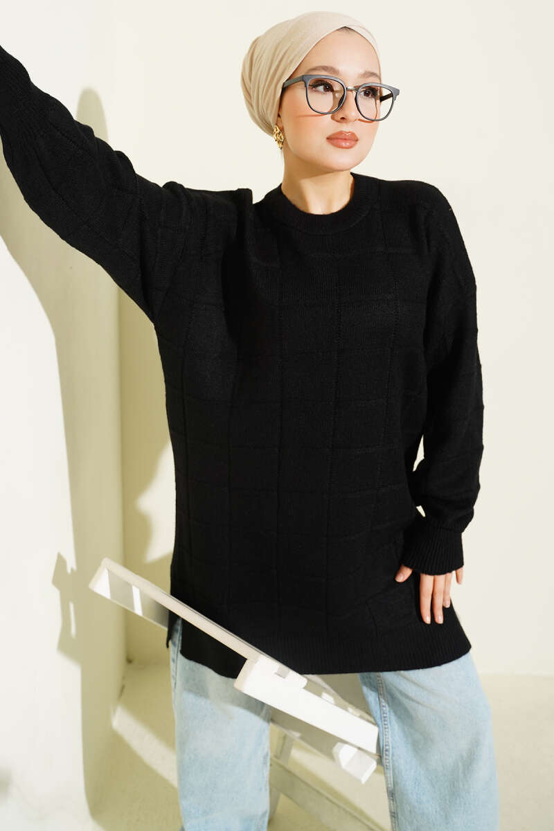 Kare Desenli Yumoş Triko Tunik Siyah