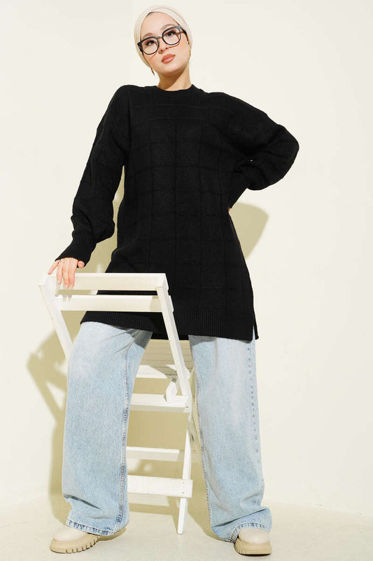 Kare Desenli Yumoş Triko Tunik Siyah