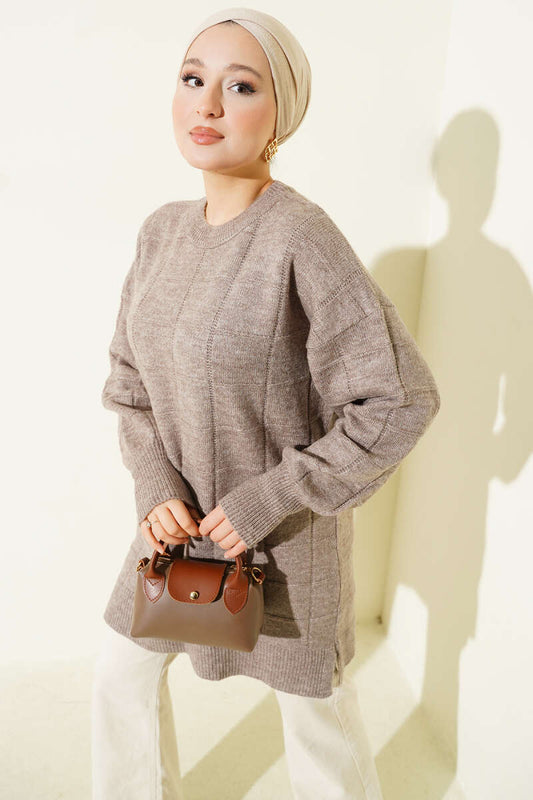 Kare Desenli Yumoş Triko Tunik vizon