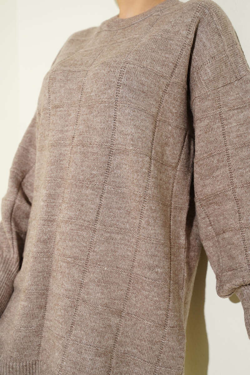 Kare Desenli Yumoş Triko Tunik vizon