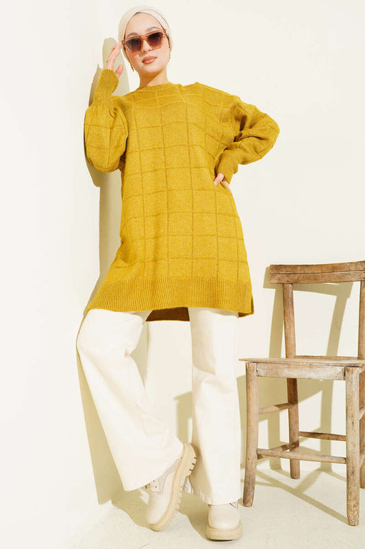 Kare Desenli Yumoş Triko Tunik yağ yeşili