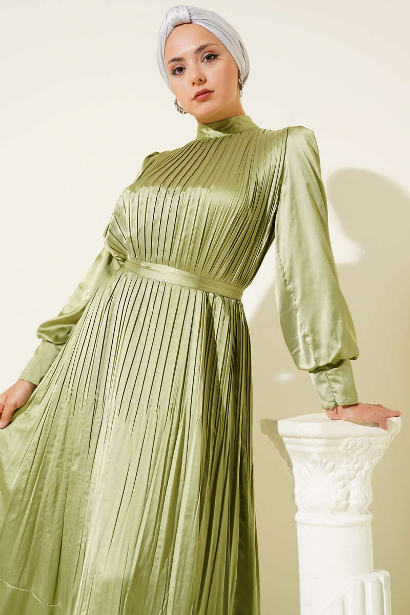 Kol Fermuarlı Piliseli Abiye Elbise çağla yeşili