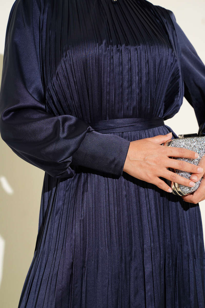 Kol Fermuarlı Piliseli Abiye Elbise Lacivert