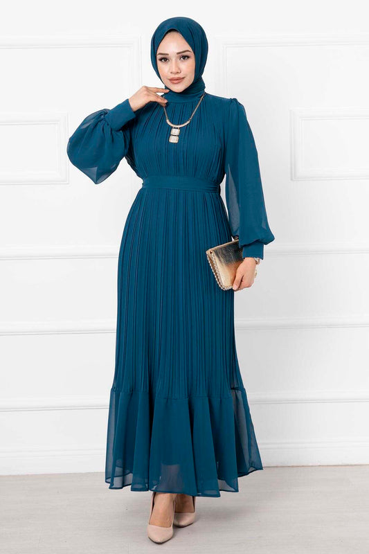 Kolları Organze Tesettür Abiye petrol