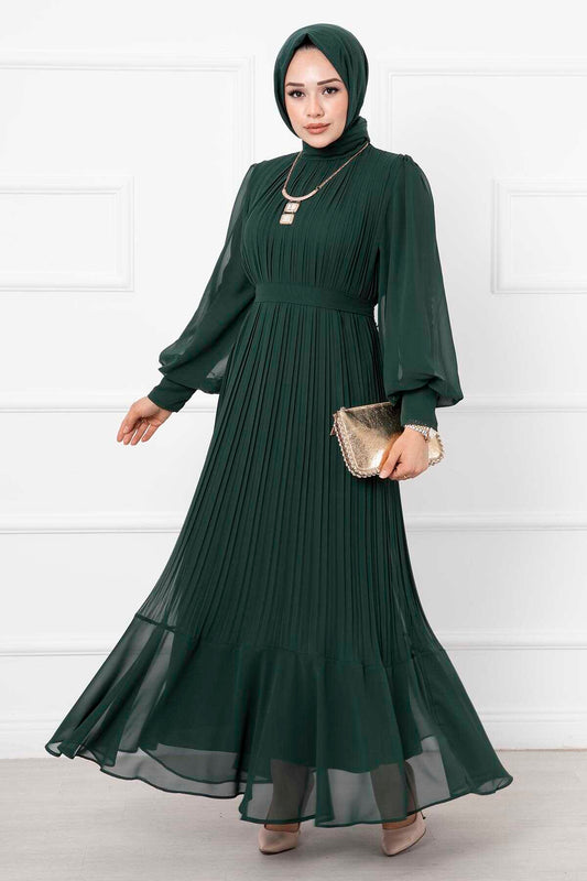 Kolları Organze Tesettür Abiye zumrut