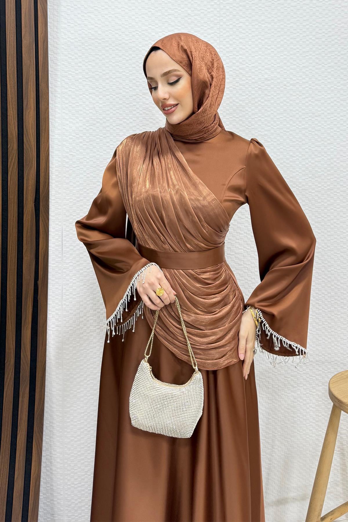 Kolu taş detay Abiye açık kahve