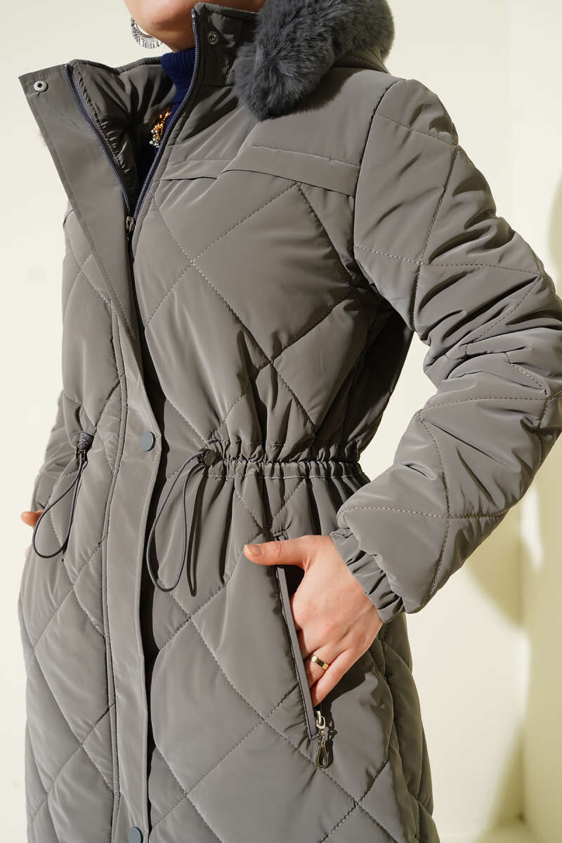 Kürk Kapüşonlu Kapitone Uzun Mont gri