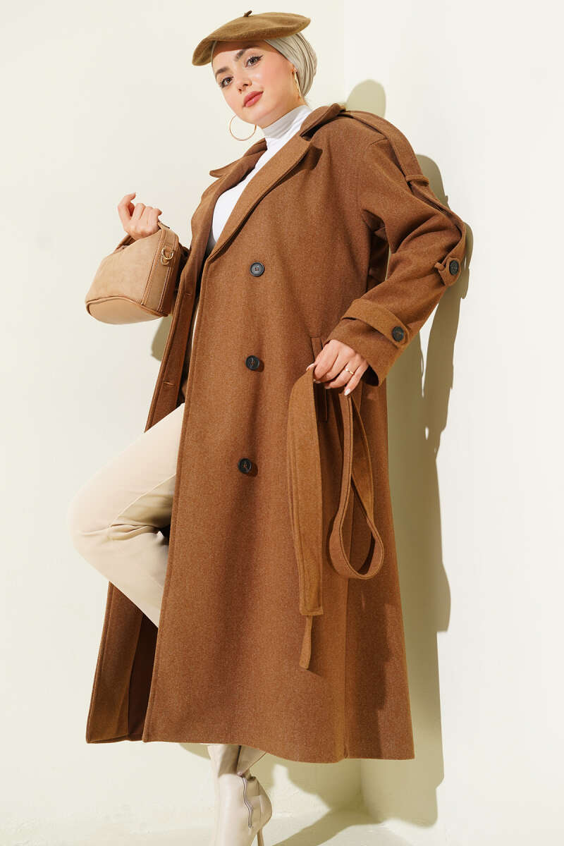 Kuşaklı Düğme Detaylı Kaşe Kaban Kestane