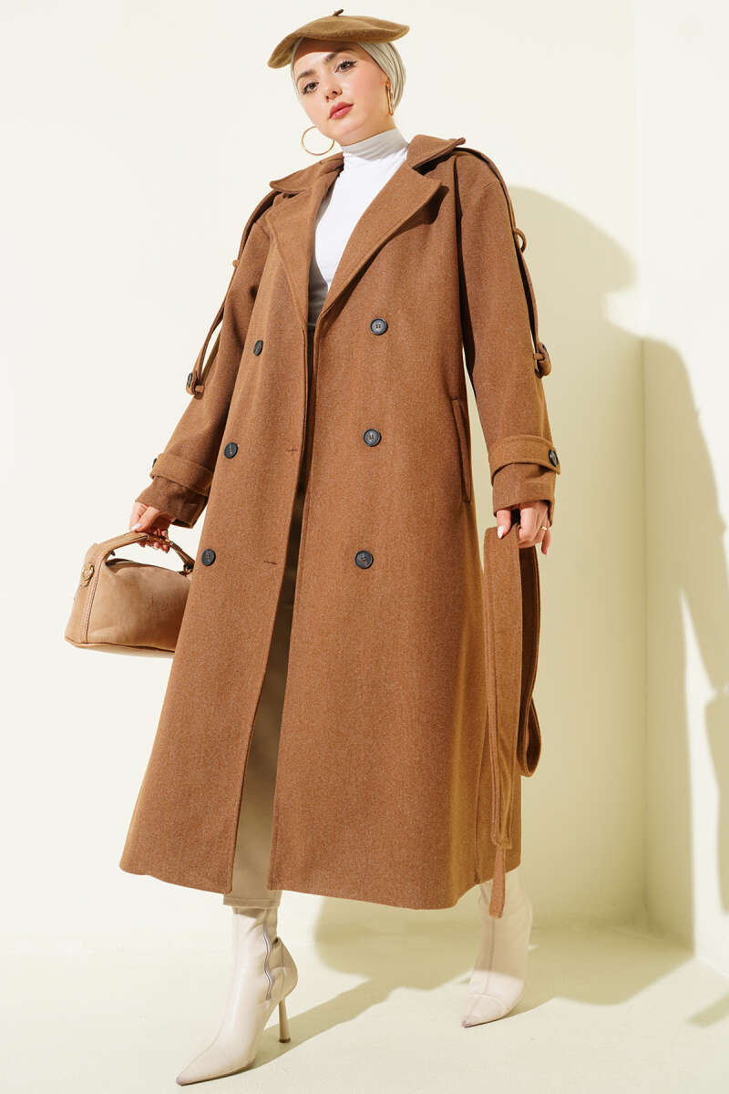 Kuşaklı Düğme Detaylı Kaşe Kaban Kestane