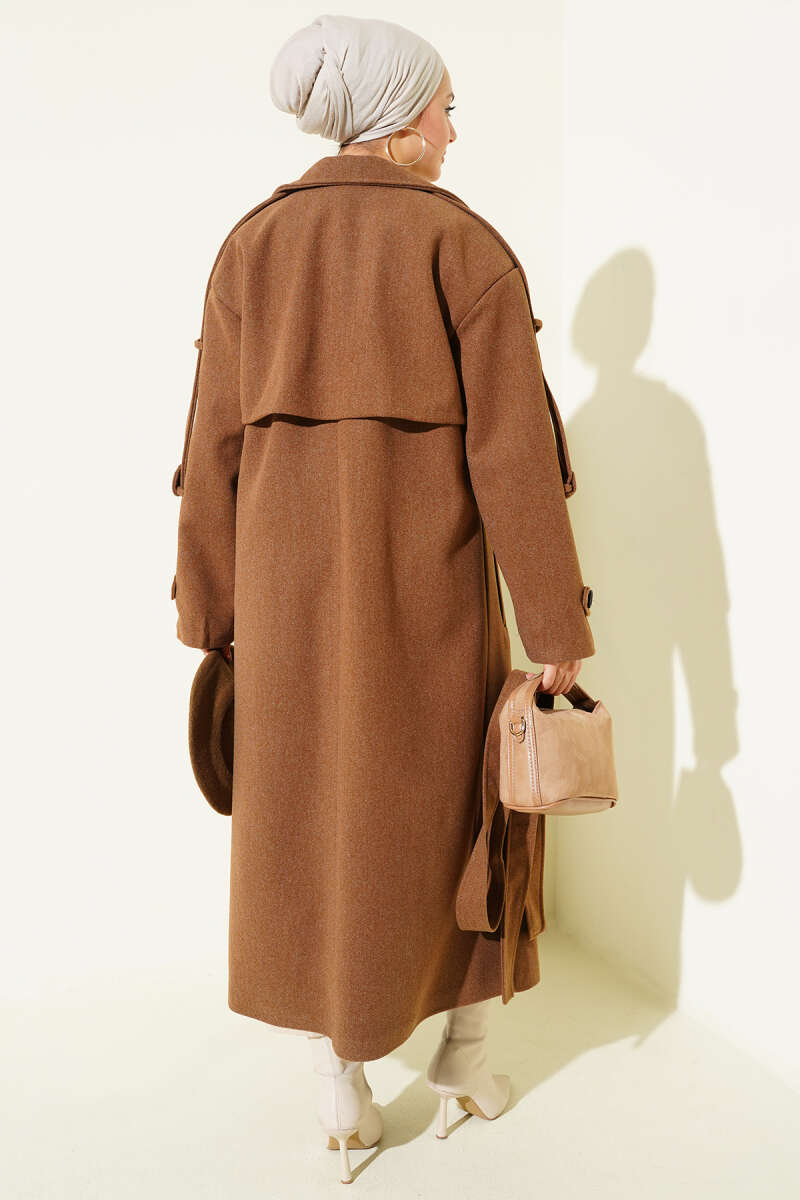 Kuşaklı Düğme Detaylı Kaşe Kaban Kestane