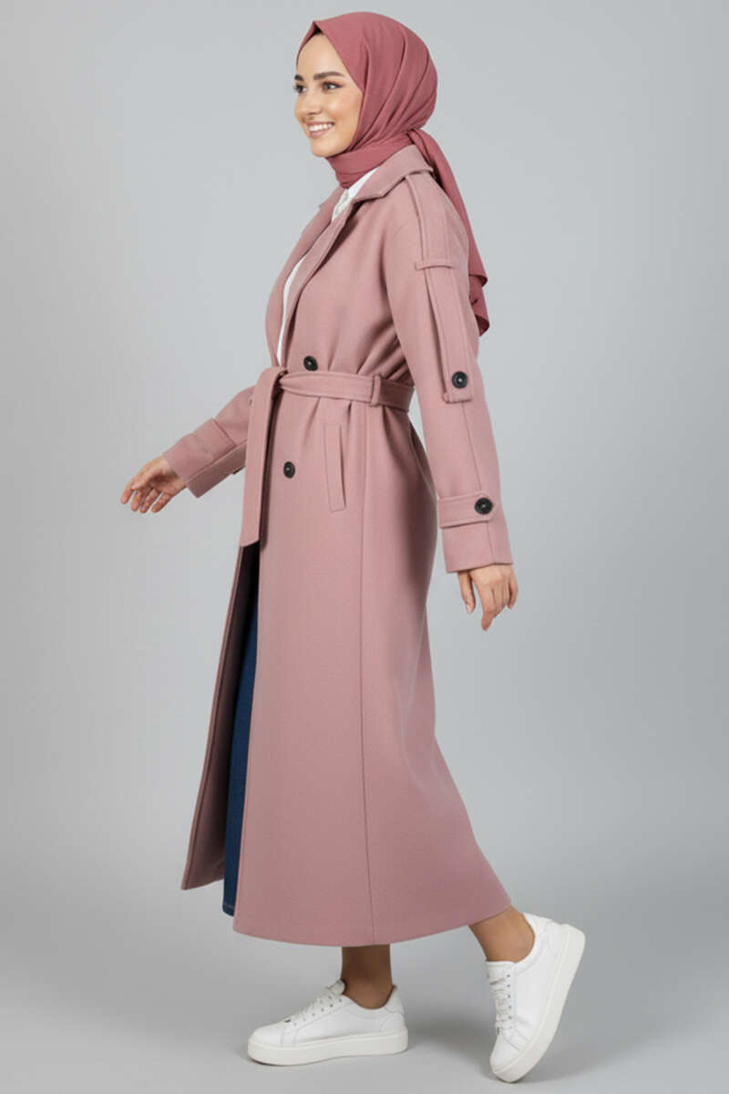 Kuşaklı Düğme Detaylı Kaşe Kaban pudra