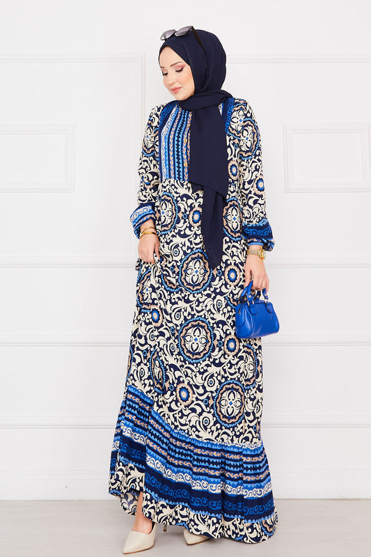 Desenli Viskon Tesettür Elbise indigo