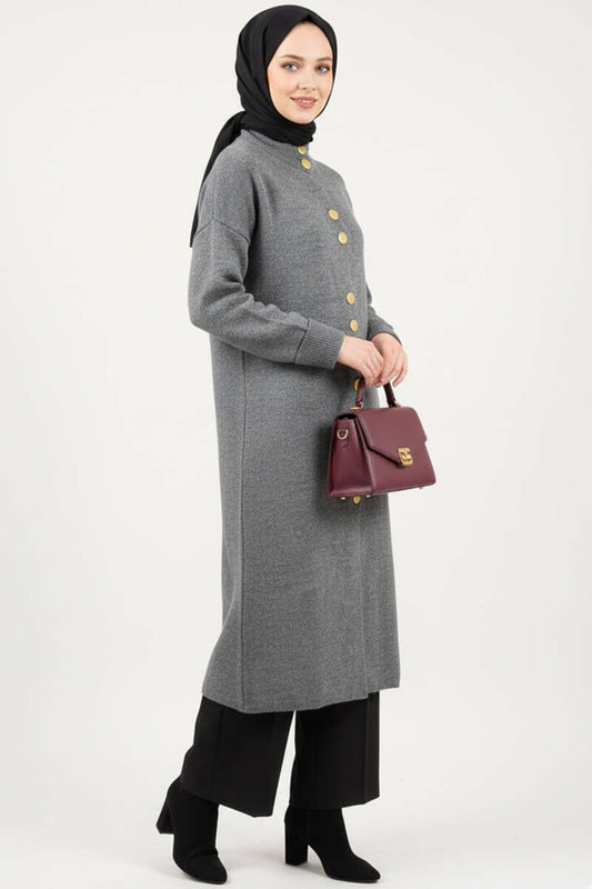 Metal Gold Düğmeli Uzun Triko Hırka gri