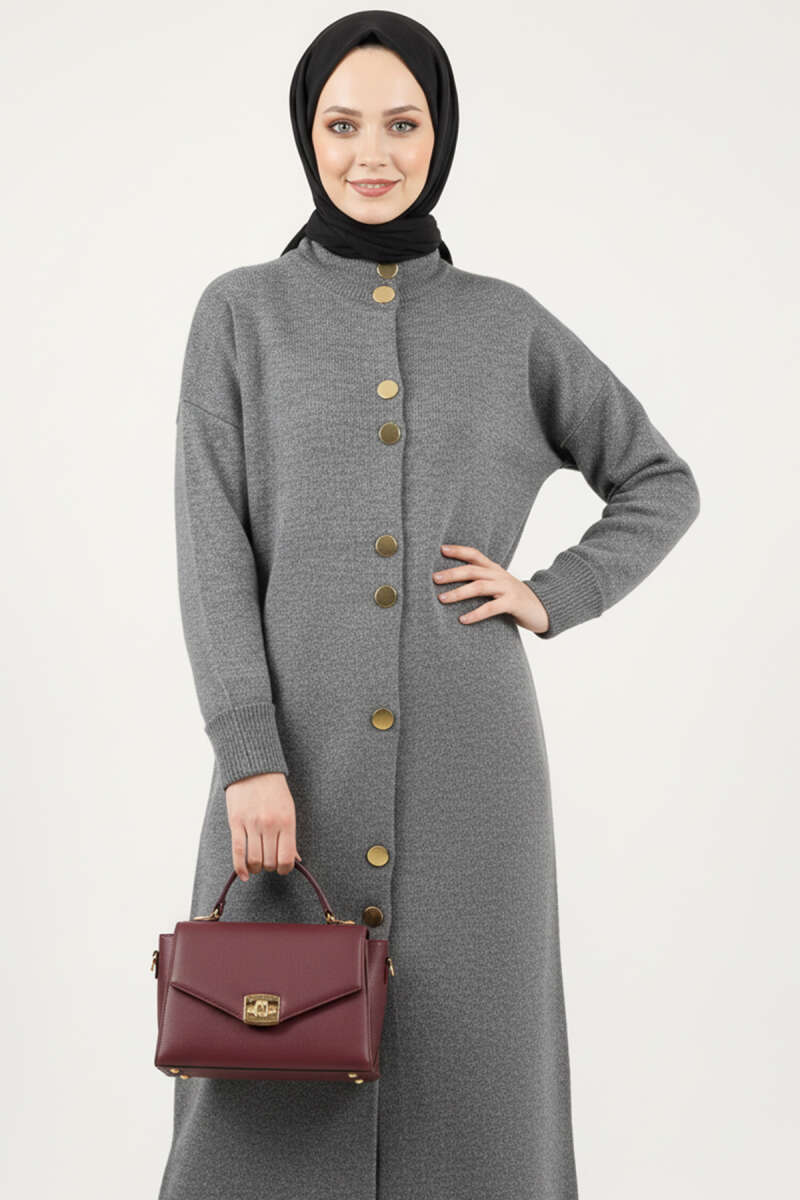 Metal Gold Düğmeli Uzun Triko Hırka gri