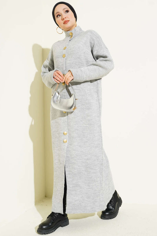 Metal Gold Düğmeli Uzun Triko Hırka açık gri