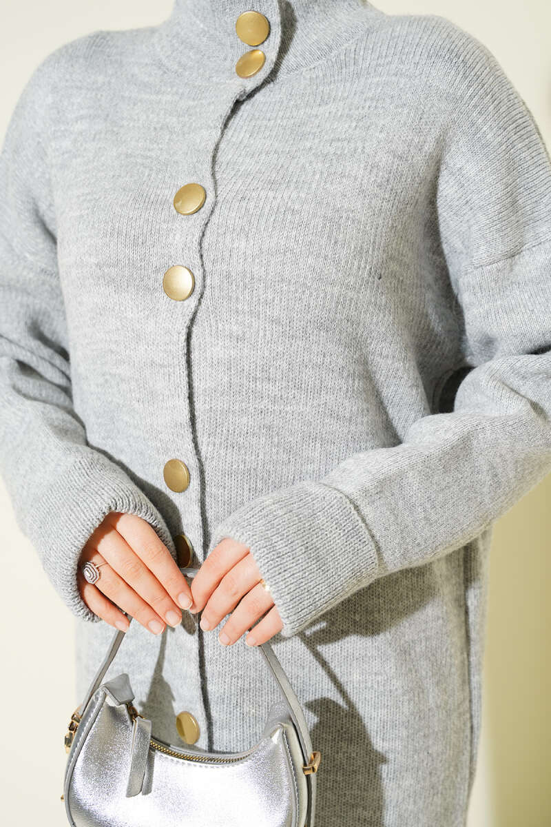 Metal Gold Düğmeli Uzun Triko Hırka açık gri