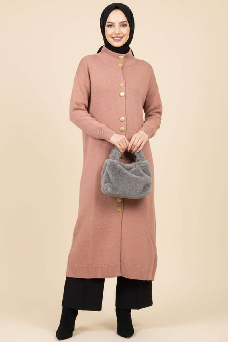 Metal Gold Düğmeli Uzun Triko pudra