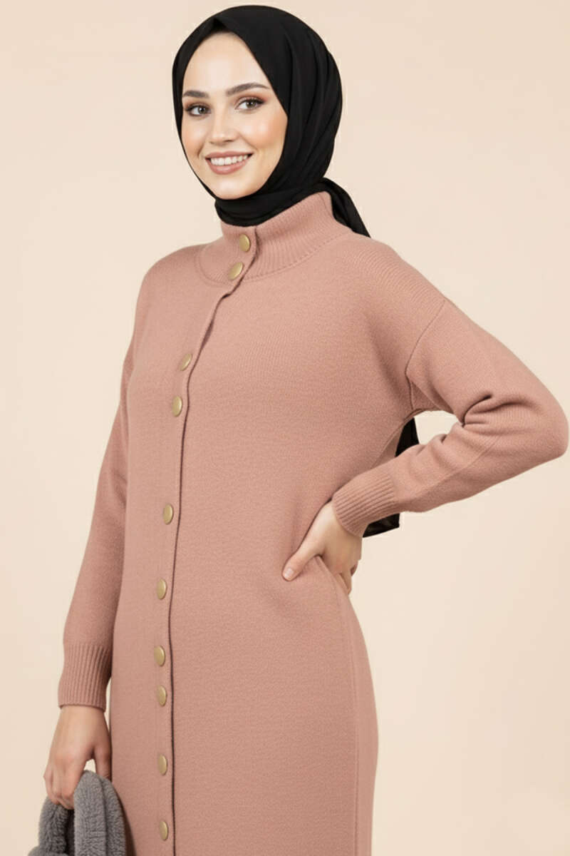 Metal Gold Düğmeli Uzun Triko pudra