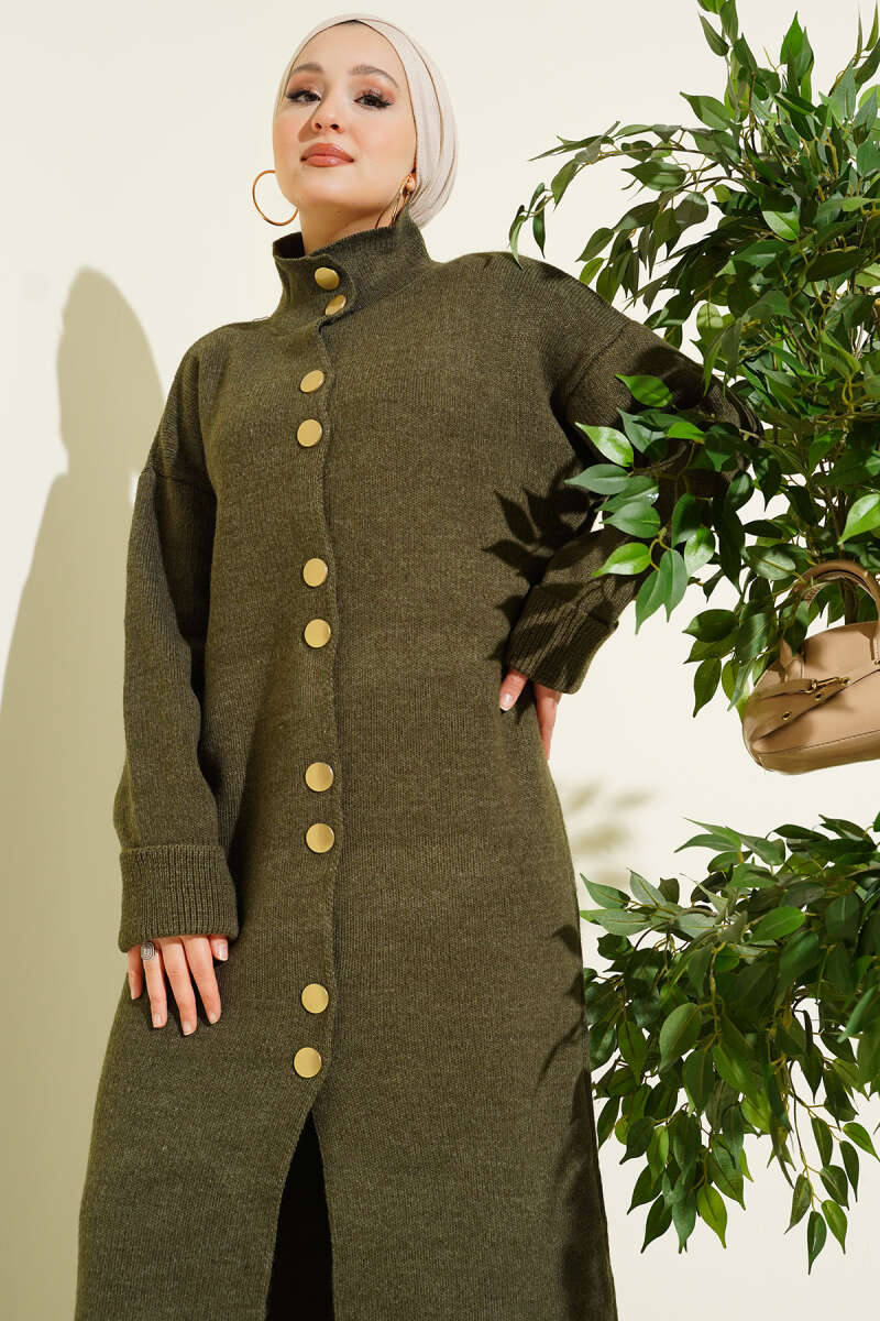 Metal Gold Düğmeli Uzun Triko Hırka haki