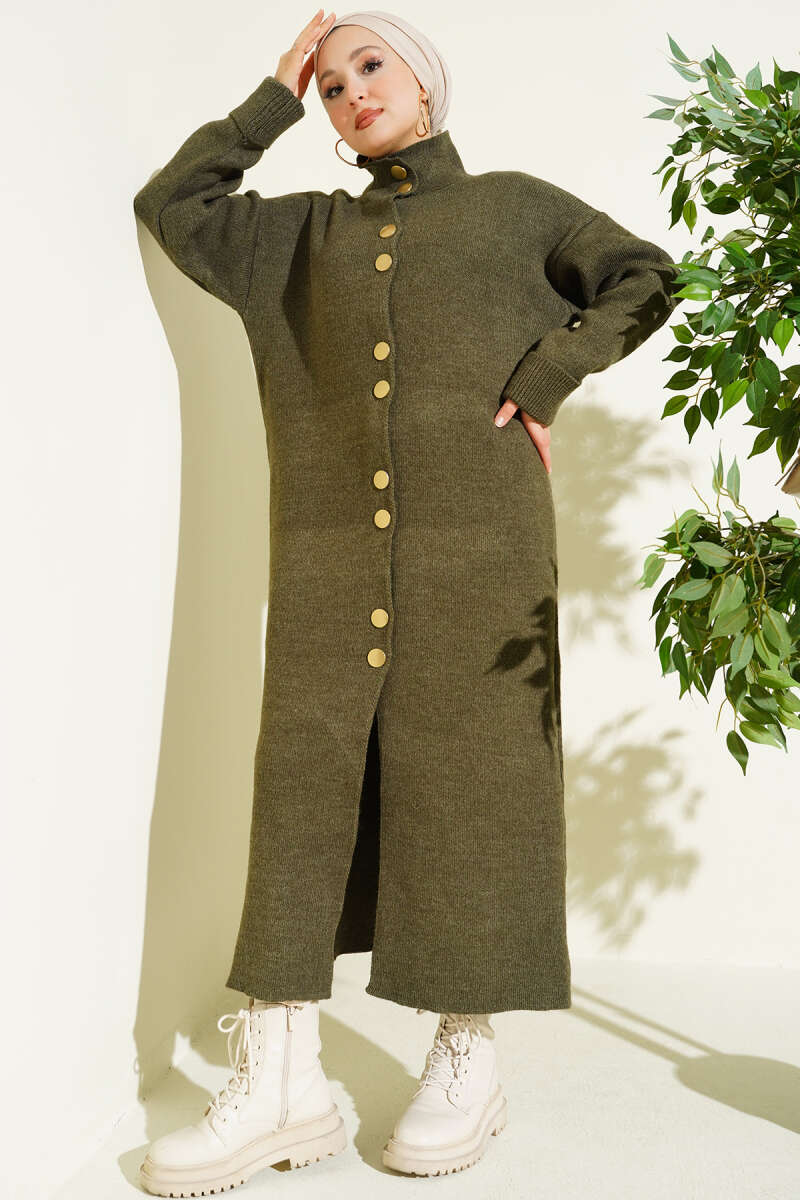 Metal Gold Düğmeli Uzun Triko Hırka haki