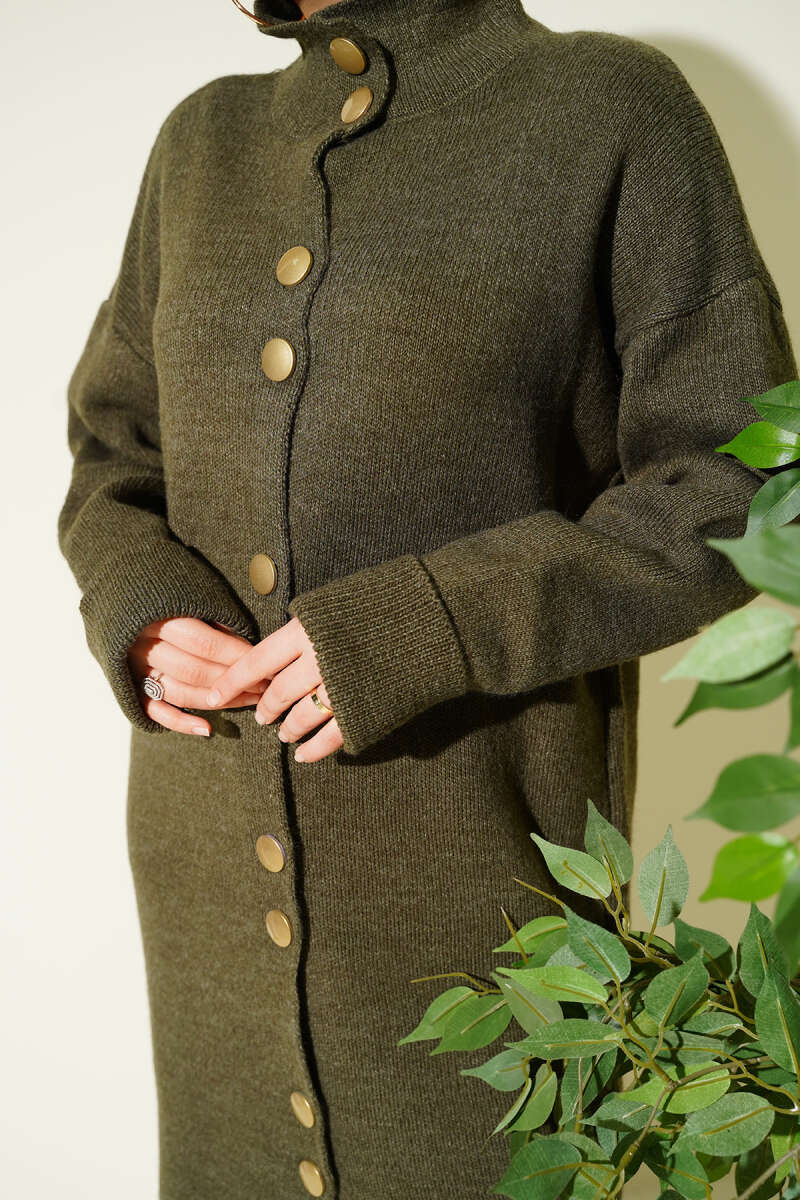 Metal Gold Düğmeli Uzun Triko Hırka haki