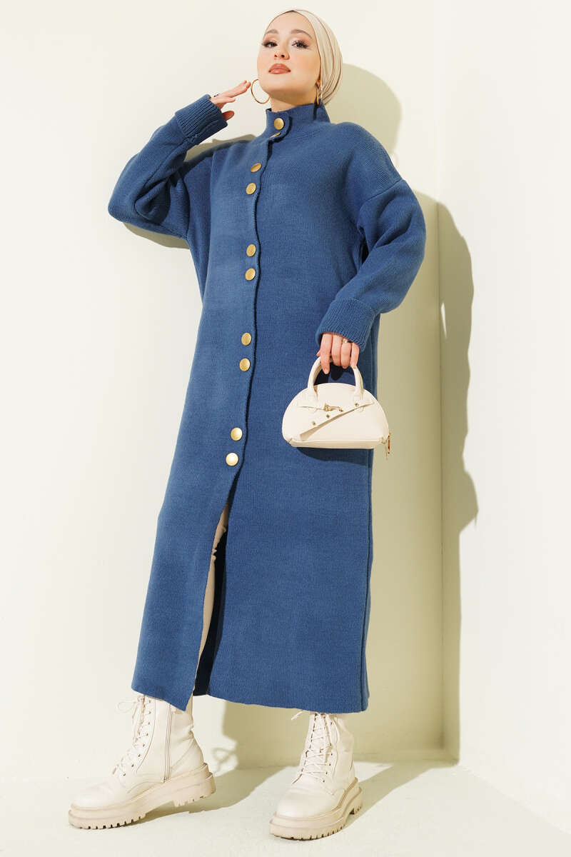 Metal Gold Düğmeli Uzun Triko Hırka petrol