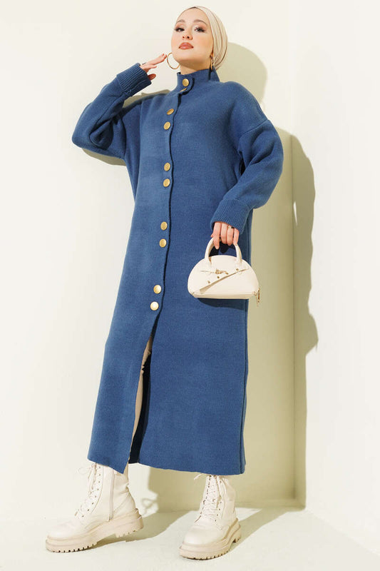 Metal Gold Düğmeli Uzun Triko Hırka petrol