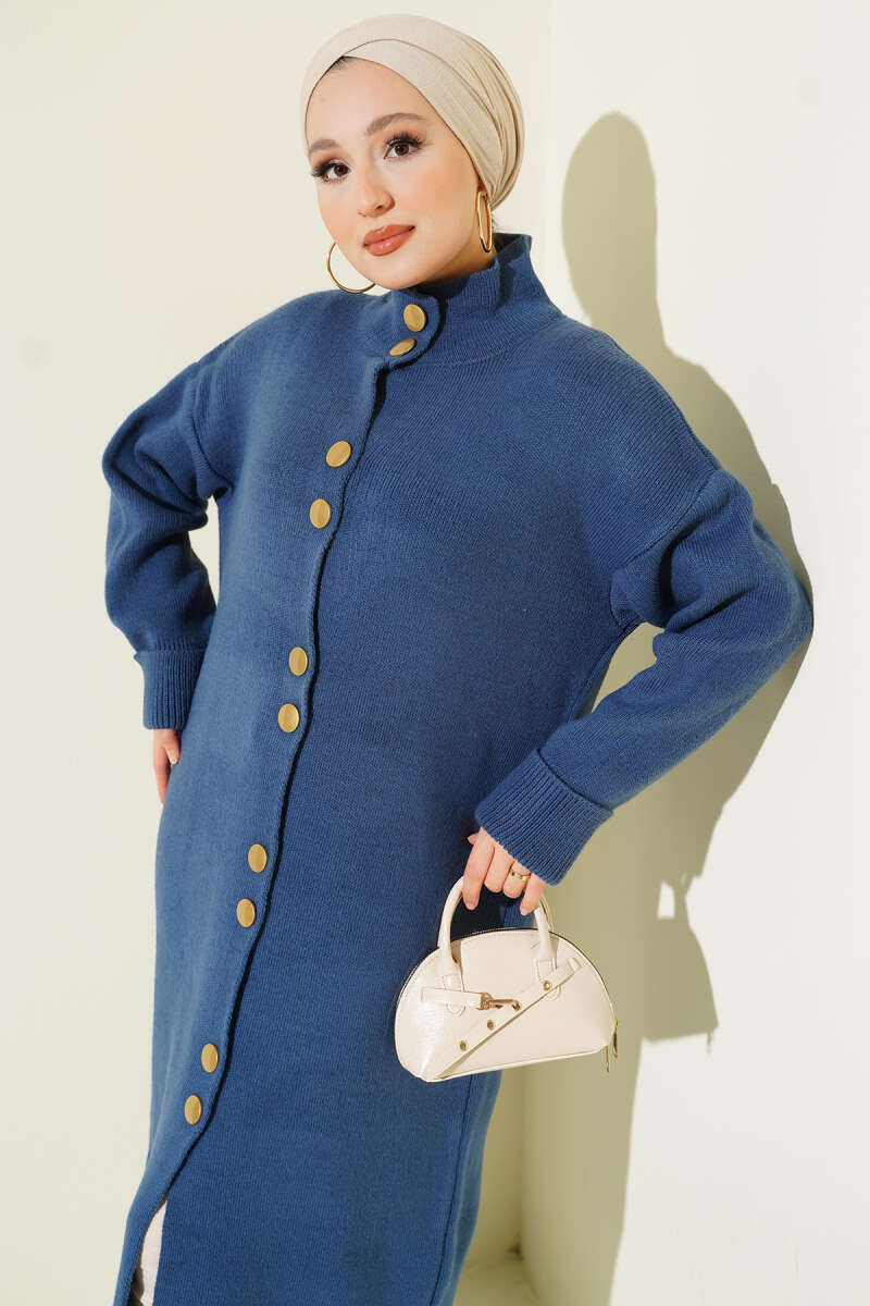 Metal Gold Düğmeli Uzun Triko Hırka petrol