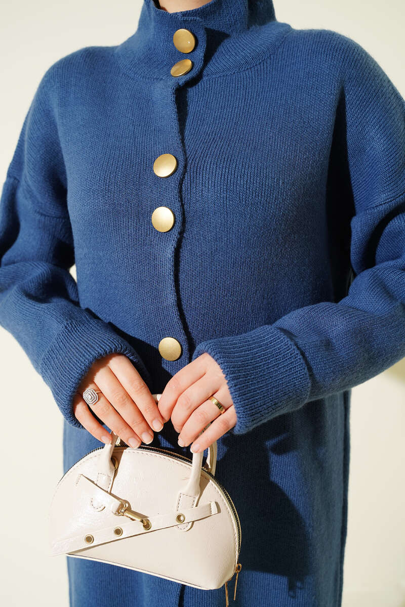 Metal Gold Düğmeli Uzun Triko Hırka petrol