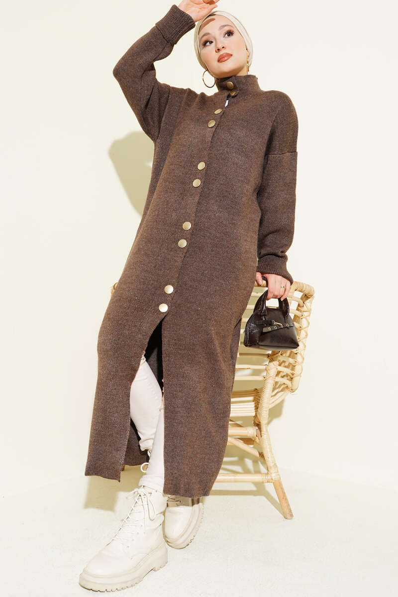 Metal Gold Düğmeli Uzun Triko Hırka kahverengi