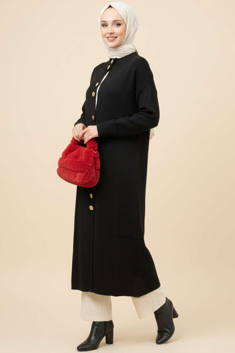 Metal Gold Düğmeli Uzun Triko Hırka siyah