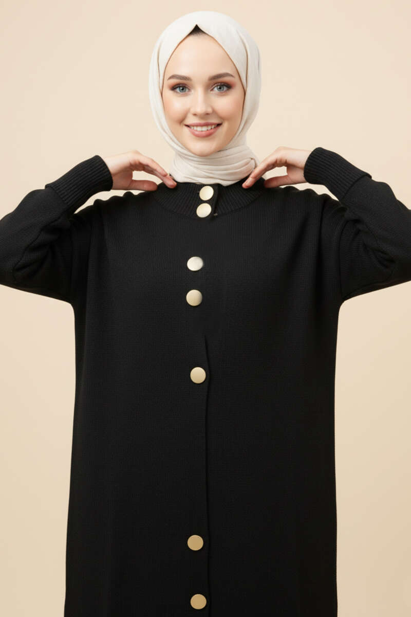 Metal Gold Düğmeli Uzun Triko Hırka siyah