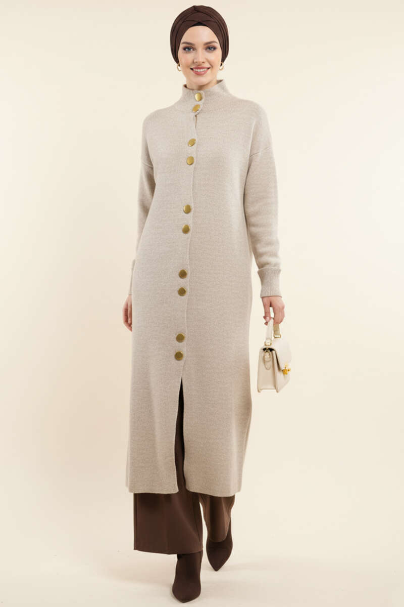 Metal Gold Düğmeli Uzun Triko Hırka taş