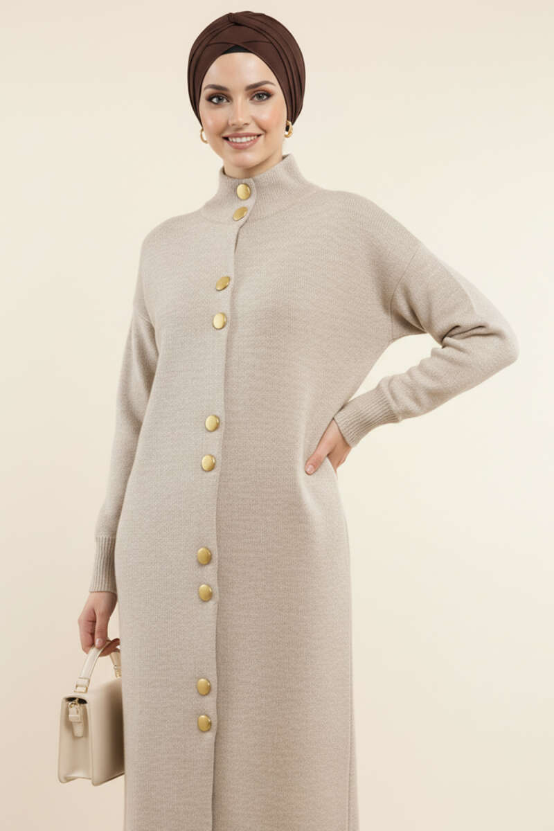 Metal Gold Düğmeli Uzun Triko Hırka taş