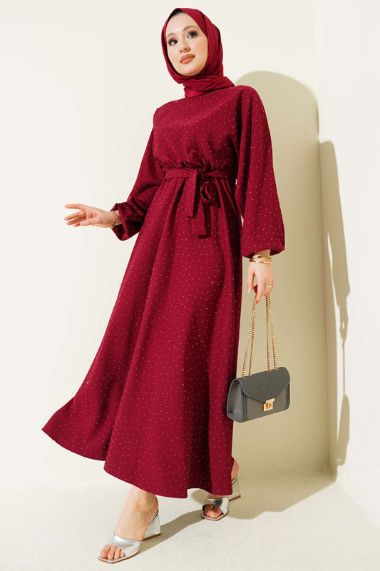 Mini Taşlı Beli Lastikli Elbise bordo