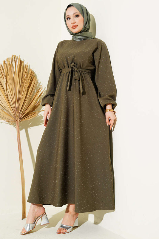 Mini Taşlı Beli Lastikli Elbise haki