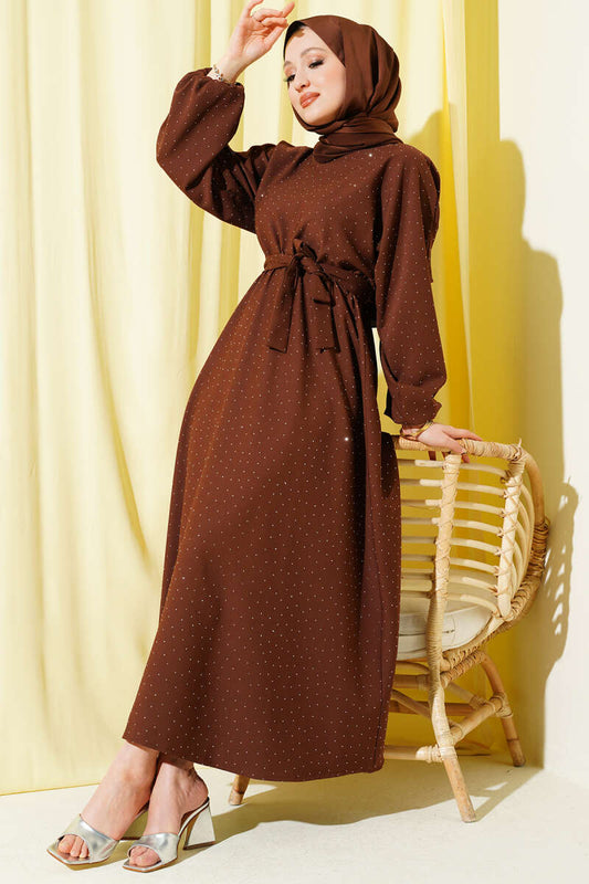 Mini Taşlı Beli Lastikli Elbise kahve